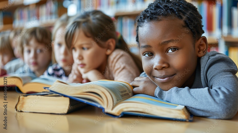 A diverse group of children reading books in a library, emphasizing the importance of literacy worldwide A diverse group of children reading books in a library, emphasizing the importance of literacy worldwide