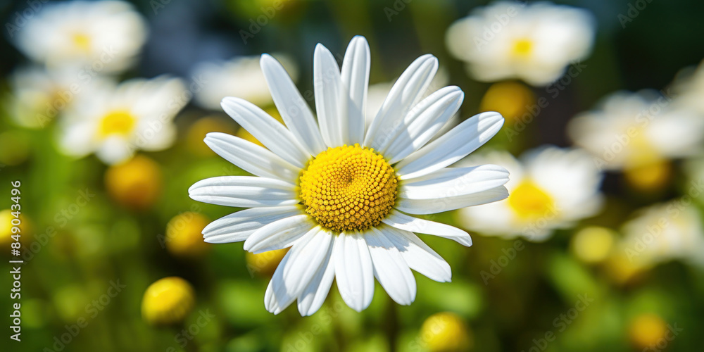 Fototapeta premium Beautiful Single Daisy Flower. Closeup View Of White Daisy Flower On Blurry Background. Generative AI