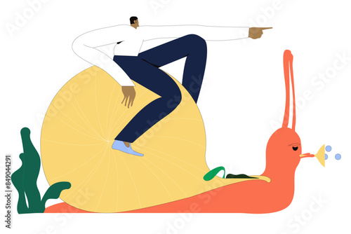 Slow growth, inefficient or stupid mistake, businessman riding slow snail never reach goal, losing business competition.