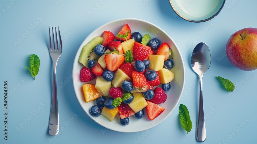 A plate with fruit salad and utensils placed neatly on the table A plate with fruit salad and utensils placed neatly on the table
