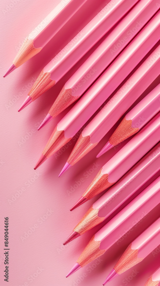 Aesthetic pink background with pink pencils. Copy space. Education projects template. Generative AI Aesthetic pink background with pink pencils. Copy space. Education projects template. Generative AI