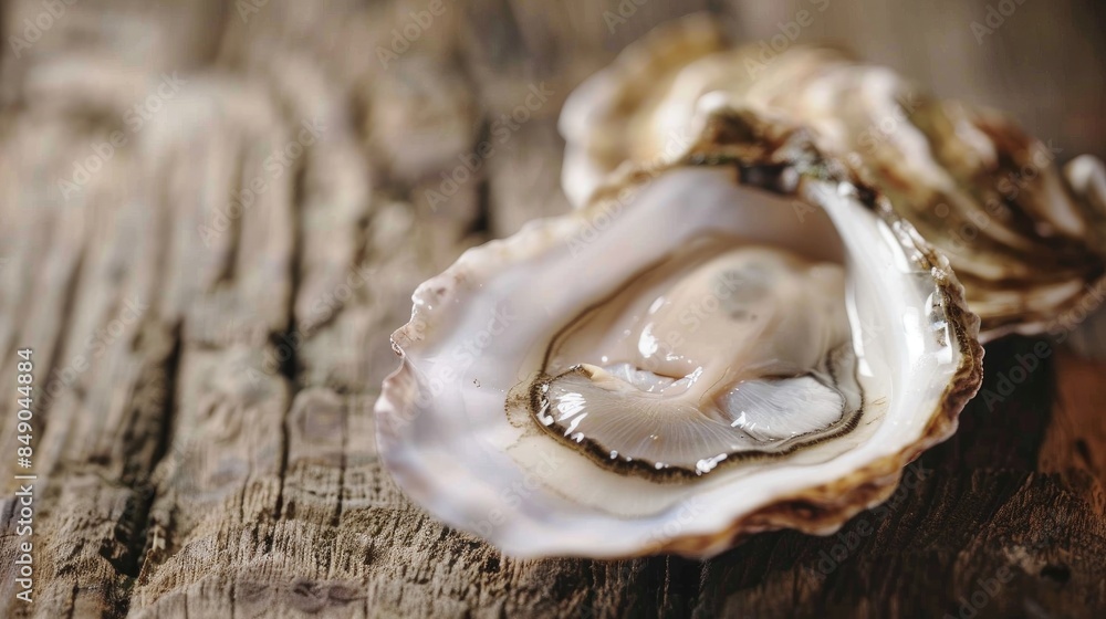 Close up view of raw oyster on a wooden table Close up view of raw oyster on a wooden table
