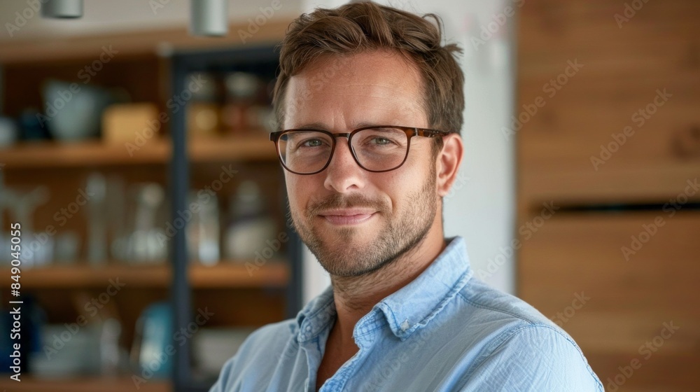 A man wearing glasses and a blue shirt is smiling for the camera A man wearing glasses and a blue shirt is smiling for the camera