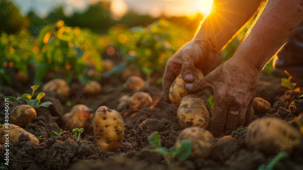 Fototapeta premium Farmer harvesting potatoes in a field at sunset