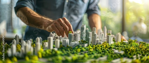 A person's hand carefully places a miniature building in a model city. photo