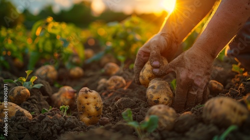 Farmer harvesting potatoes in a field at sunset