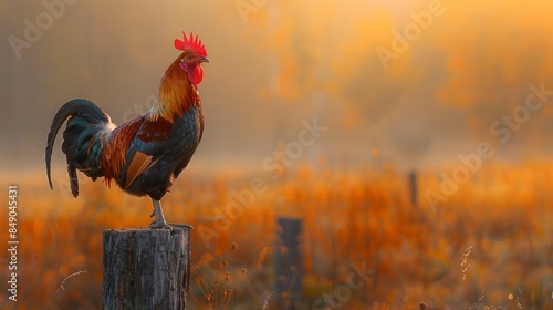 Rooster standing on a fence post at sunrise