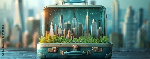A suitcase filled with miniature skyscrapers and greenery. photo