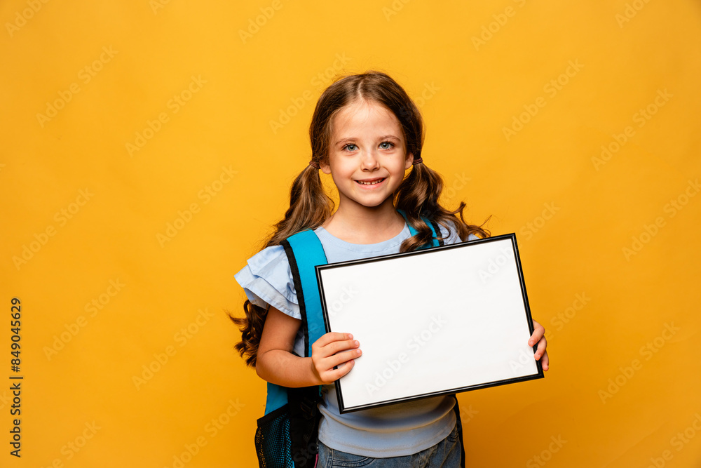 White banner. Little child schoolgirl in blue shirt on yellow background holding white blank paper. Young smiling girl show blank board. Copy space. Mock up. White banner. Little child schoolgirl in blue shirt on yellow background holding white blank paper. Young smiling girl show blank board. Copy space. Mock up.
