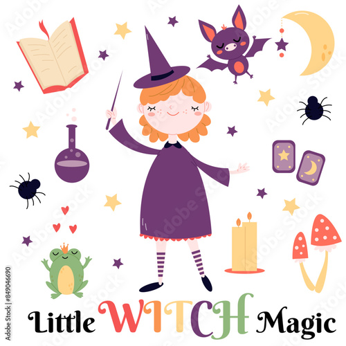 a collection of cute children's magic elements with a funny little witch