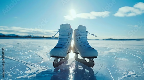 Pair of figure skates on the ice against the beautiful winter landscape with a bright sun in the background. The skates are white and have pink laces. photo