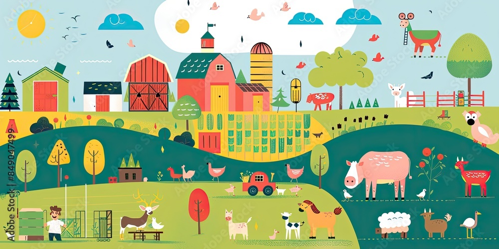 Fototapeta premium Minimal Farm Scene in Flat Graphic Style