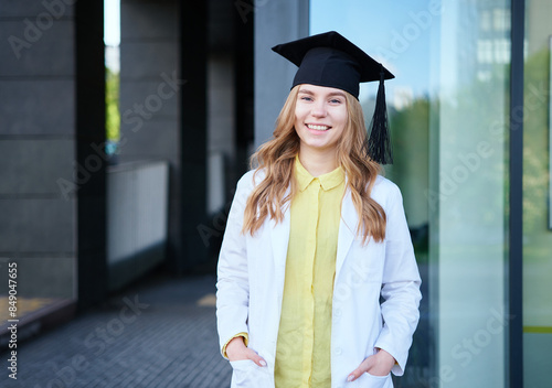 Young blond female in medical uniform and graduation cap looking at the camera and smiling. Standing outside, happy to finish studying in healthcare or veterinary. High quality photo