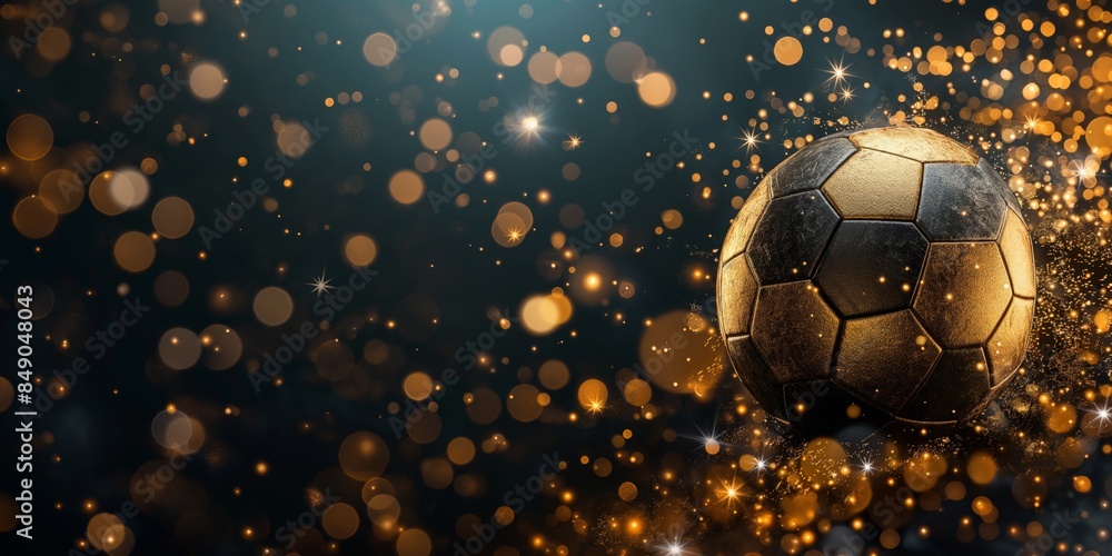 Fototapeta premium A luxurious soccer banner background showcasing a blend of black and gold tones with football