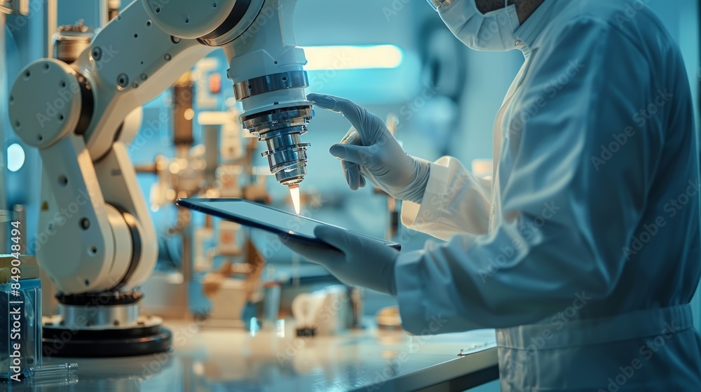 Lab Technician Monitoring Robotic Arm with Tablet Lab Technician Monitoring Robotic Arm with Tablet