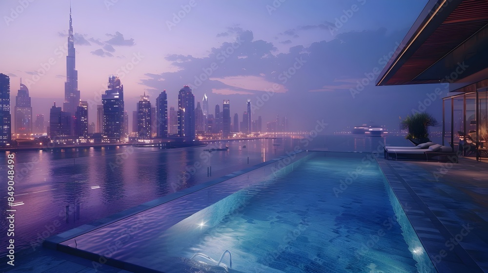Obraz premium Luxurious Rooftop Pool Overlooking Vibrant City Skyline at Dusk Blending Tranquility and Urban Energy