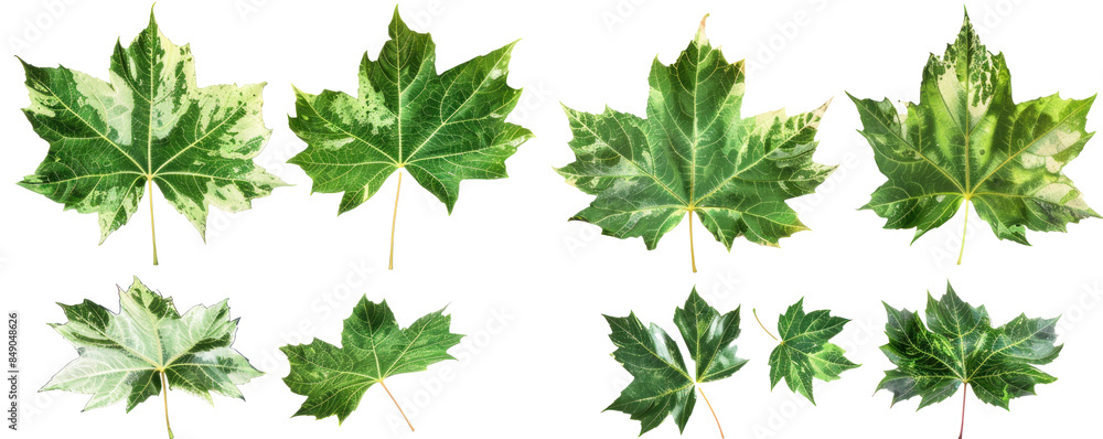 A set of sycamore leaves displaying their large, broad shape with detailed textures and patterns. Each leaf is isolated on a transparent background, showcasing variations in color and condition. A set of sycamore leaves displaying their large, broad shape with detailed textures and patterns. Each leaf is isolated on a transparent background, showcasing variations in color and condition.
