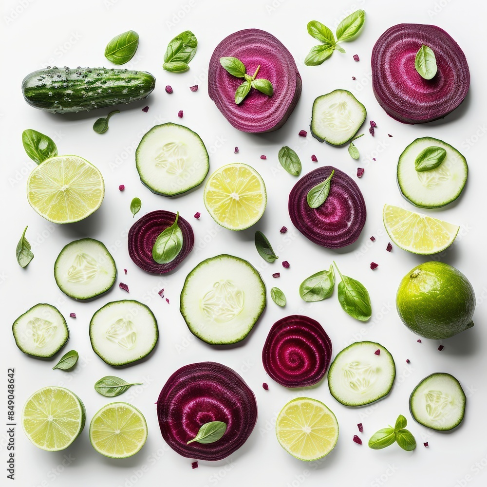Beetroot, Cucumber and limes, aesthetic, pastel puple colors, white background, in the style of pastel colors. Beetroot, Cucumber and limes, aesthetic, pastel puple colors, white background, in the style of pastel colors.
