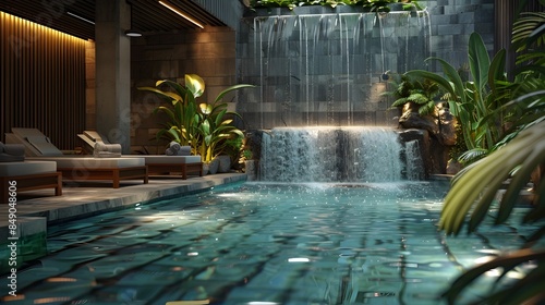 Fototapeta Naklejka Na Ścianę i Meble -  Luxurious Spa Pool with Cascading Waterfalls and Serene Ambiance for Relaxation and Rejuvenation