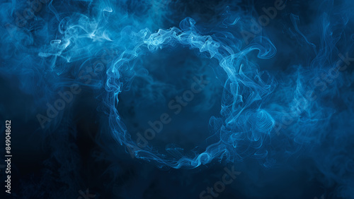 Circle of light blue smoke on a dark blue background. Background, wallpaper.