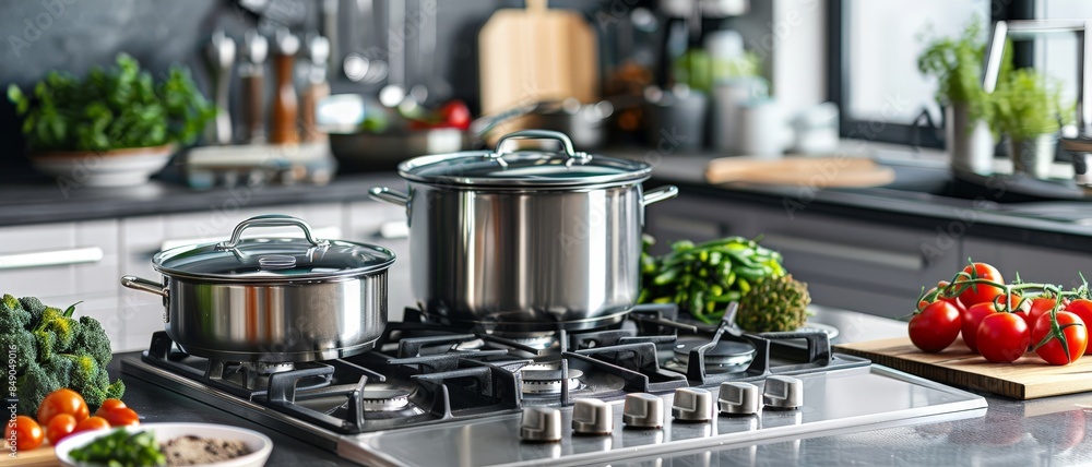 Stainless steel pots on a gas stovetop in a modern kitchen. Stainless steel pots on a gas stovetop in a modern kitchen.