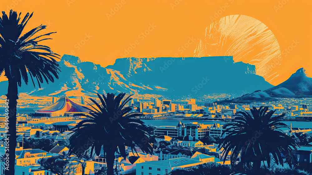 Fototapeta premium Risograph print travel poster, card, wallpaper or banner illustration, modern, isolated, clear and simple of Cape Town South Africa. Artistic, stylistic, screen printing, stencil digital duplication