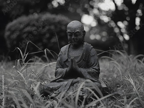 Monk Statue Meditating in Overgrown Grass