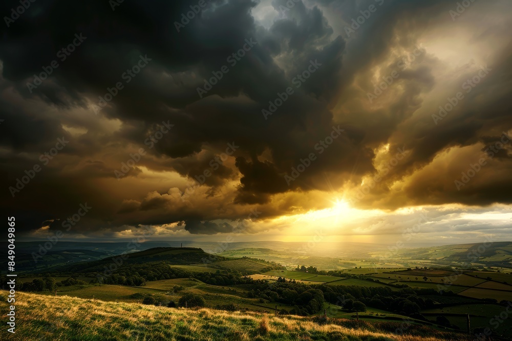 Obraz premium The sun sets behind dark storm clouds over the peak district in golden light, green fields and hills below, dramatic lighting