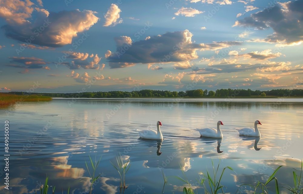 Naklejka premium Three white geese swans swimming on the lake, clouds reflecting in the water, calm lake surface, forest horizon at dusk, soft light, wide angle shot