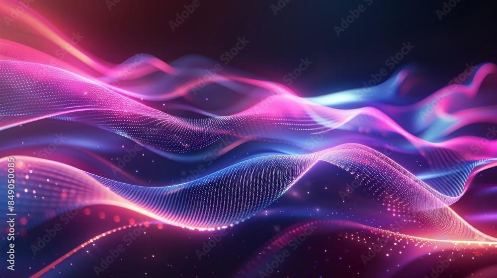 Fototapeta premium abstract Digital waves of glowing particles in a blue to purple gradient against a dark backdrop