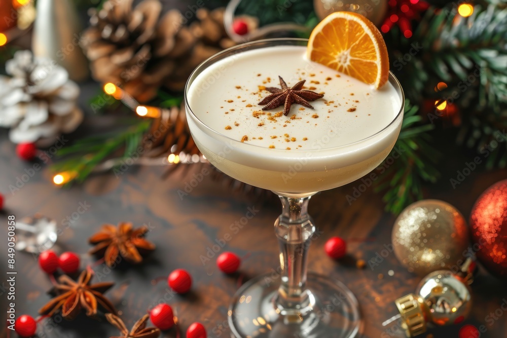 Festive Eggnog Cocktail with Orange Slice and Spices Amid Holiday Decor Festive Eggnog Cocktail with Orange Slice and Spices Amid Holiday Decor