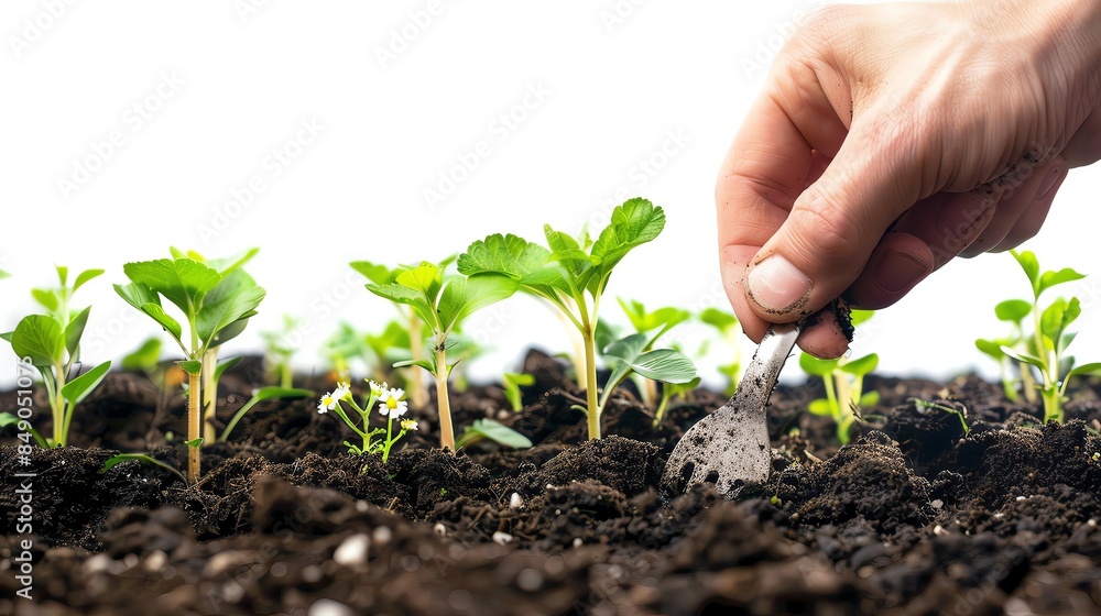 A person's hand tending to young plant seedlings in soil. Concept of gardening, growth, and nature cultivation. A person's hand tending to young plant seedlings in soil. Concept of gardening, growth, and nature cultivation.