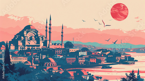 Risograph print travel poster, card, wallpaper or banner illustration, modern, isolated, clear and simple of Istanbul Turkey. Artistic, stylistic, screen printing, stencil digital duplication photo