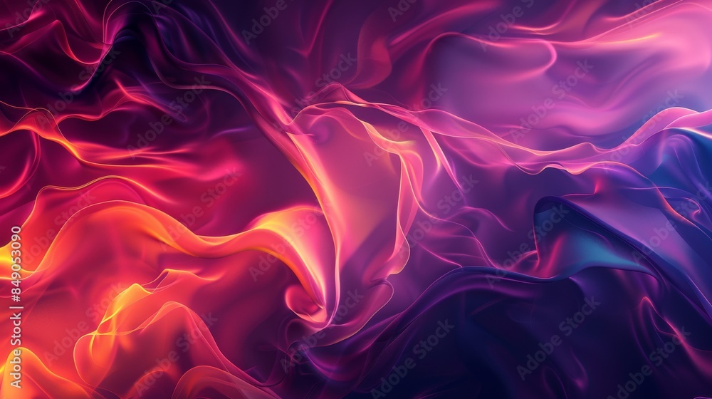 Fototapeta premium Fluid wave abstract background in vibrant colors, from deep purples to bright oranges,