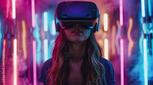 Woman experiencing virtual reality with VR headset photo