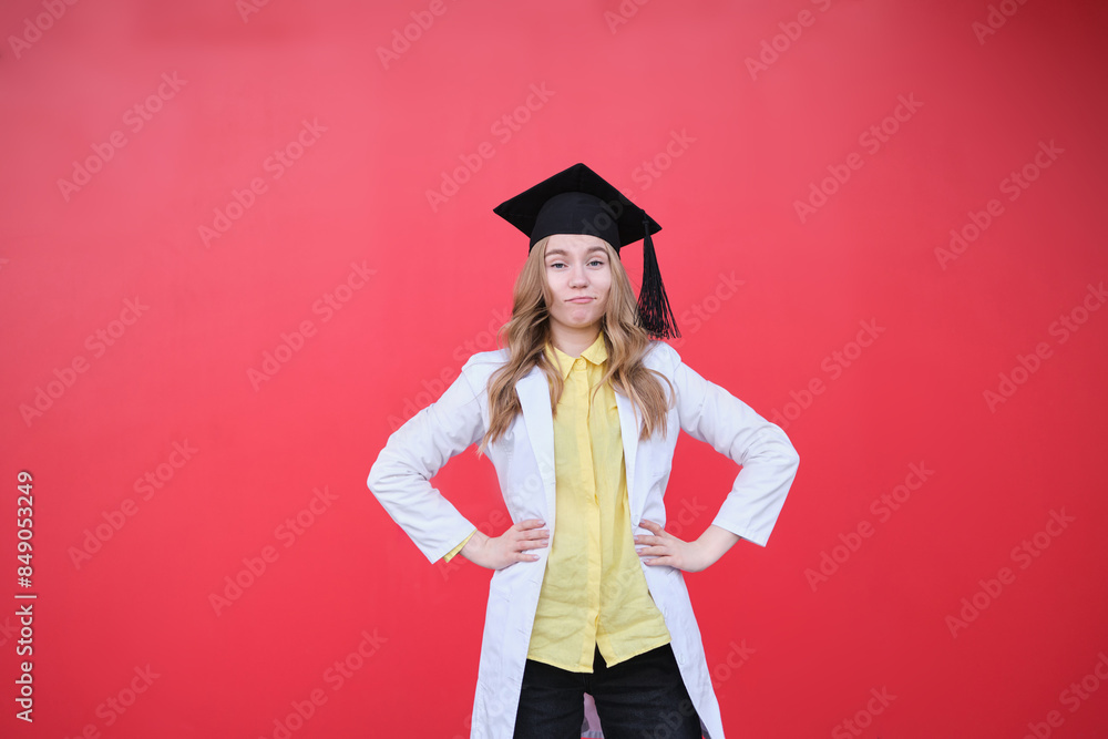 Young blond female in medical uniform and graduation cap looking at the camera and smiling. Standing outside, happy to finish studying in healthcare or veterinary. High quality photo Young blond female in medical uniform and graduation cap looking at the camera and smiling. Standing outside, happy to finish studying in healthcare or veterinary. High quality photo