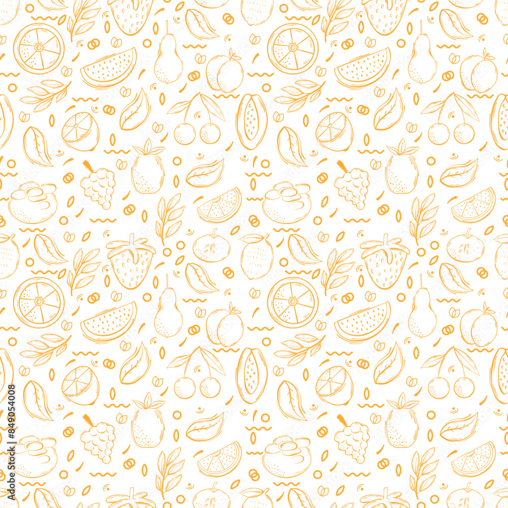 Fruits Seamless hand drawn doodle pattern. Illustration for backgrounds, card, posters, banners, textile prints, cover, web design. Eat healthy. Vector icons. Fruits Seamless hand drawn doodle pattern. Illustration for backgrounds, card, posters, banners, textile prints, cover, web design. Eat healthy. Vector icons.