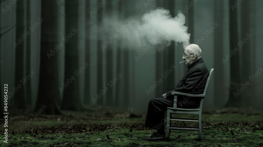 Elderly Man with a Gray Beard and Hat Smoking a Cigarette Capturing the Intricate Details of His Wrinkled Face and the Swirling Smoke in a Striking Portrait Wallpaper Digital Art Poster Brainstorming