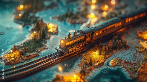 Miniature model train traveling through a detailed landscape photo