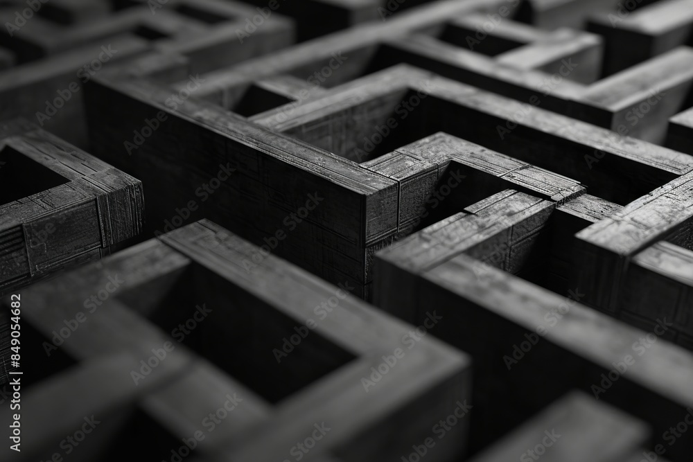A challenging black and white maze with intricate paths and a sense of mystery.