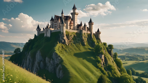  a picture of a majestic castle perched atop a cliff, overlooking a vast expanse of rolling hills and meadows.