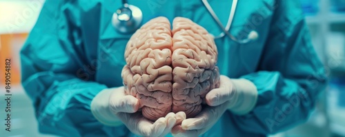Neurosurgeon examining a brain model in a lab, emphasizing medical expertise and brain health. photo