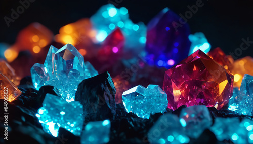 Colorful fantasy glowing crystals on black background photo