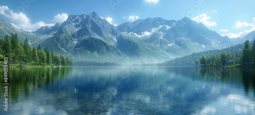 beautiful pure nature place of crystal clear lake with coniferous woodland and mountain as background, summer sunny day