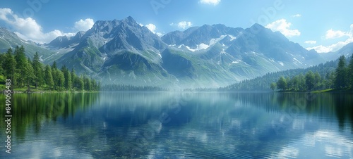 beautiful pure nature place of crystal clear lake with coniferous woodland and mountain as background, summer sunny day © QuietWord