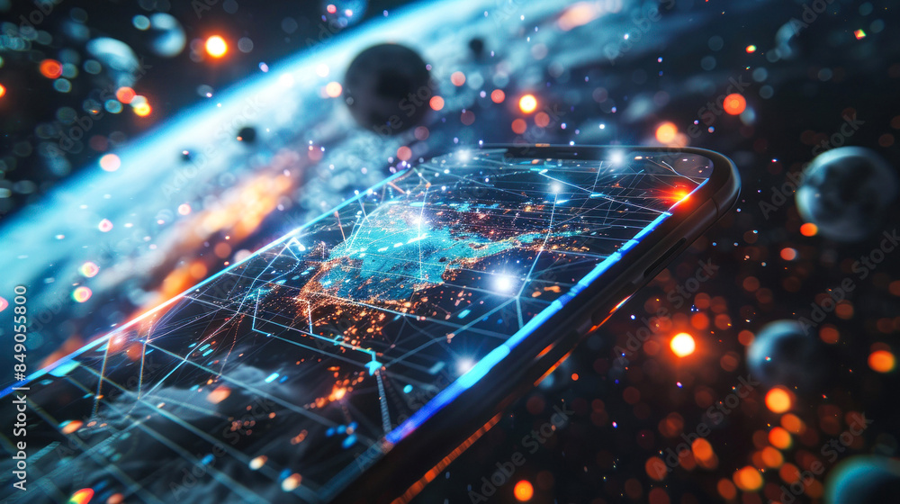 Illuminated smartphone with city map networks