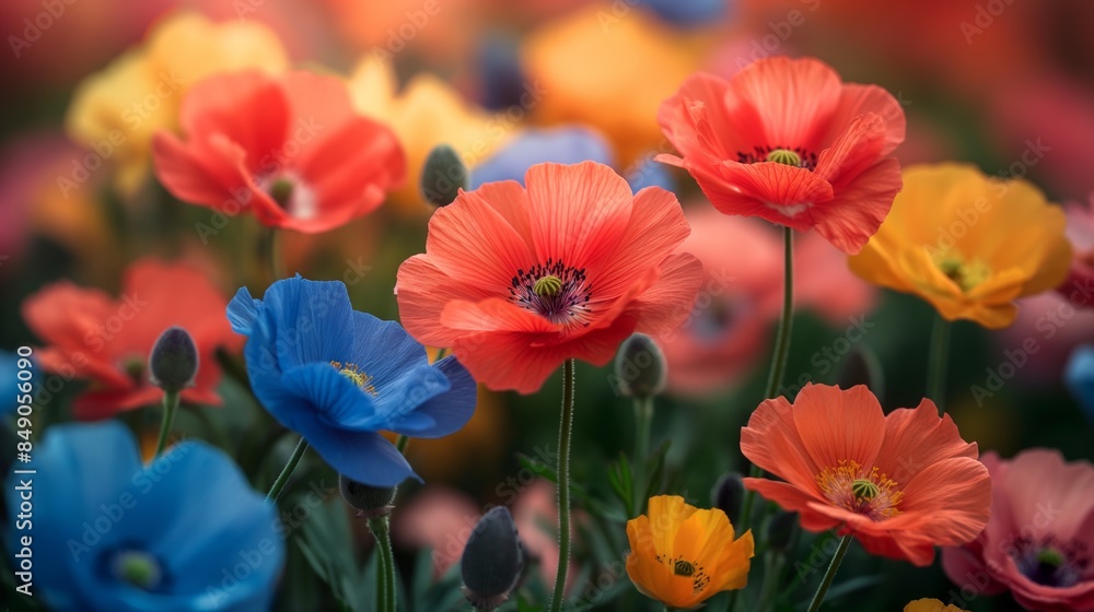 close up red blue poppy flower whimsical garden outdoor scenery with bokeh light, spring or summer beauty nature background happy cheerful atmosphere close up red blue poppy flower whimsical garden outdoor scenery with bokeh light, spring or summer beauty nature background happy cheerful atmosphere