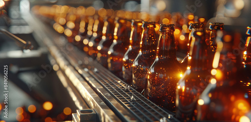 Production of brewing and bottling craft beer at a beer production plant. Conveyor with beer bottles.	
