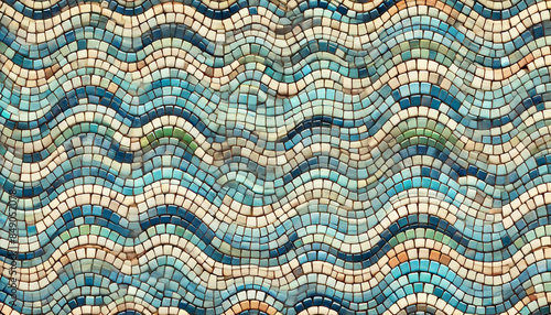 A seamless horizontal mosaic tile texture wallpaper with small blue and green tiles in random pattern