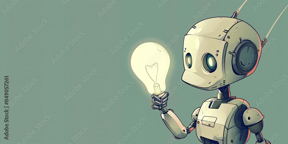 Naklejka premium Vintage Robot Holding a Lightbulb in Dark